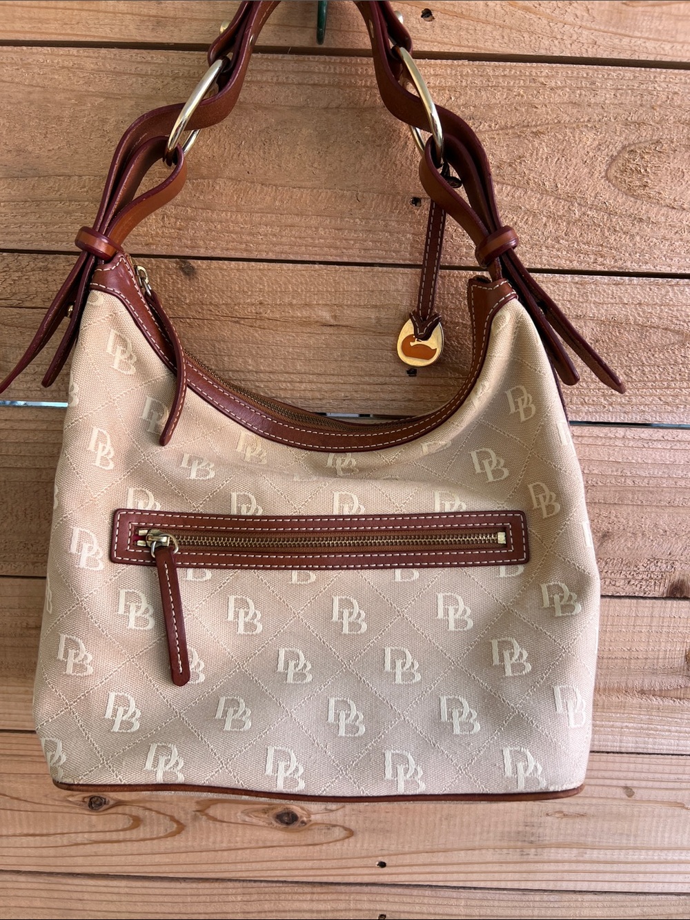 Dooney & Bourke Beige and Brown Logo Shoulder Bag